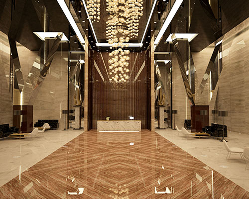 reception - reflective lacquer and mirror stretch ceilings