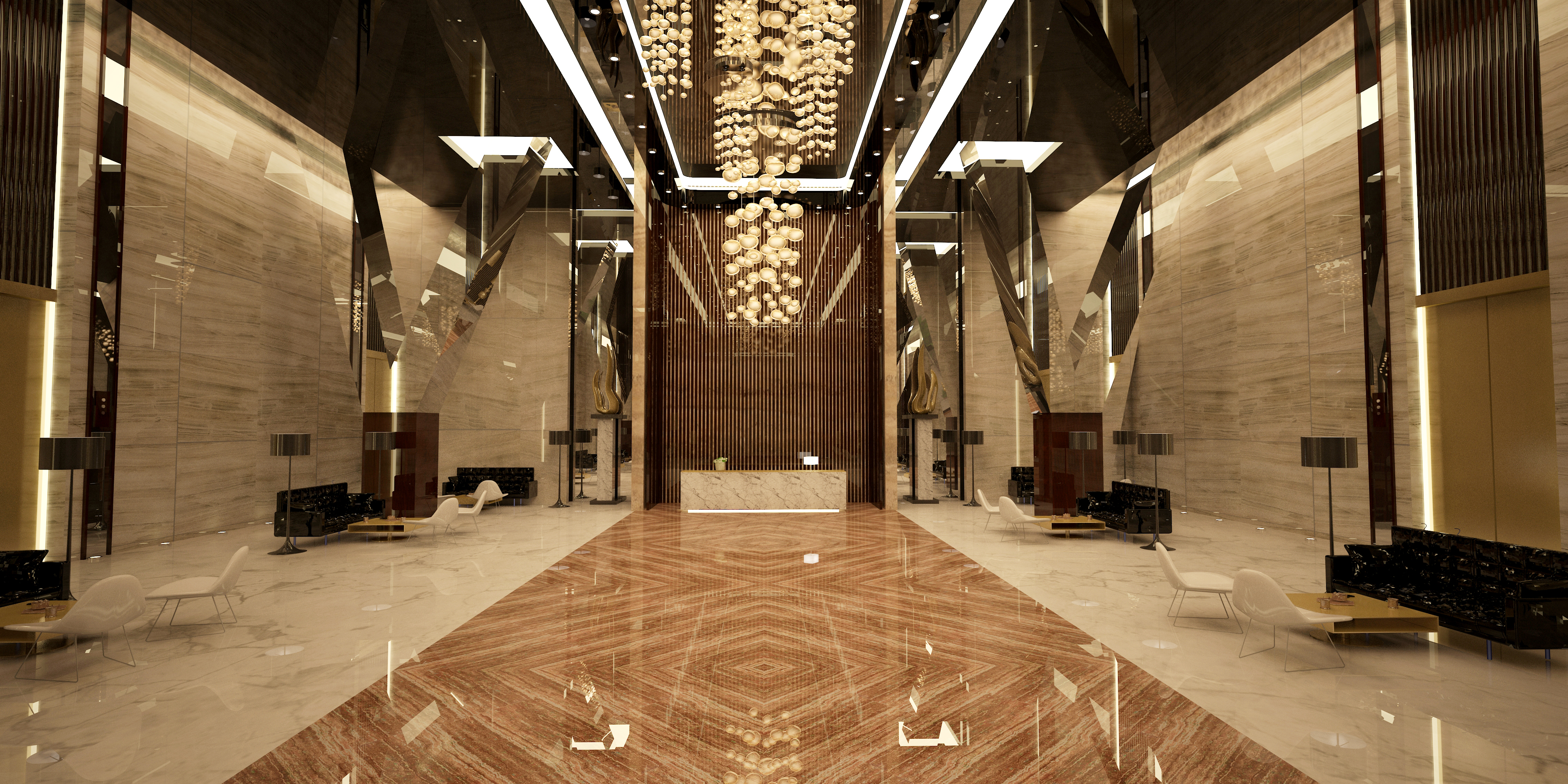 reception - reflective lacquer and mirror stretch ceilings